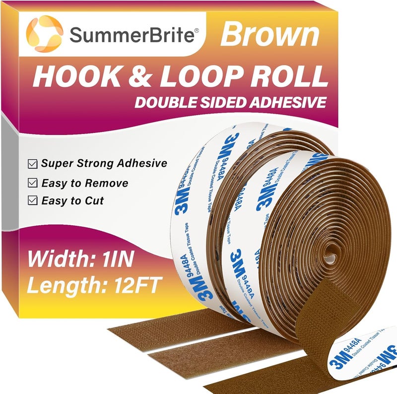 Summerbrite 12ft x 1 Inch Hook and Loop Tape, Heavy Duty Double-Sided Adhesive Strips, Strong Sticky Back Fastener, Cuttable Interlocking Tape Fasteners for Home, Office, Car, School & DIY Crafts (Brown) - Image 1